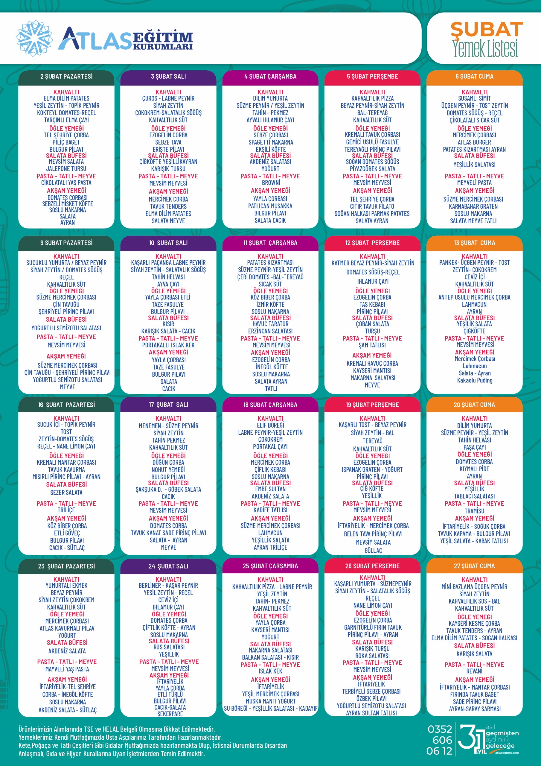 Atlas Eğitim Kurumları Şubat 2026 Yemek Listesi