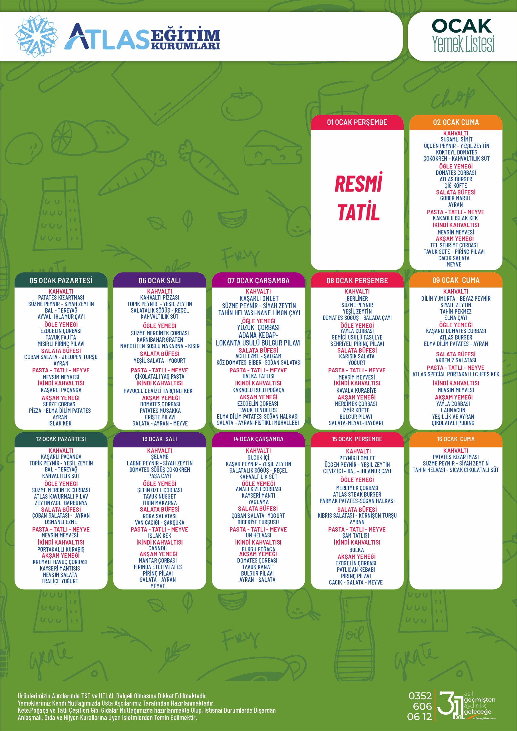 Atlas Eğitim Kurumları Ocak 2026 Yemek Listesi